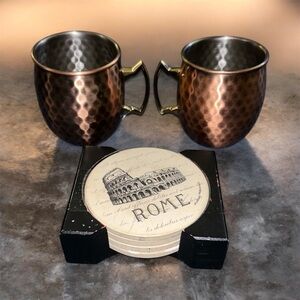 Hammered Copper Moscow Mule Mugs NWOT with Marble Coasters GUC